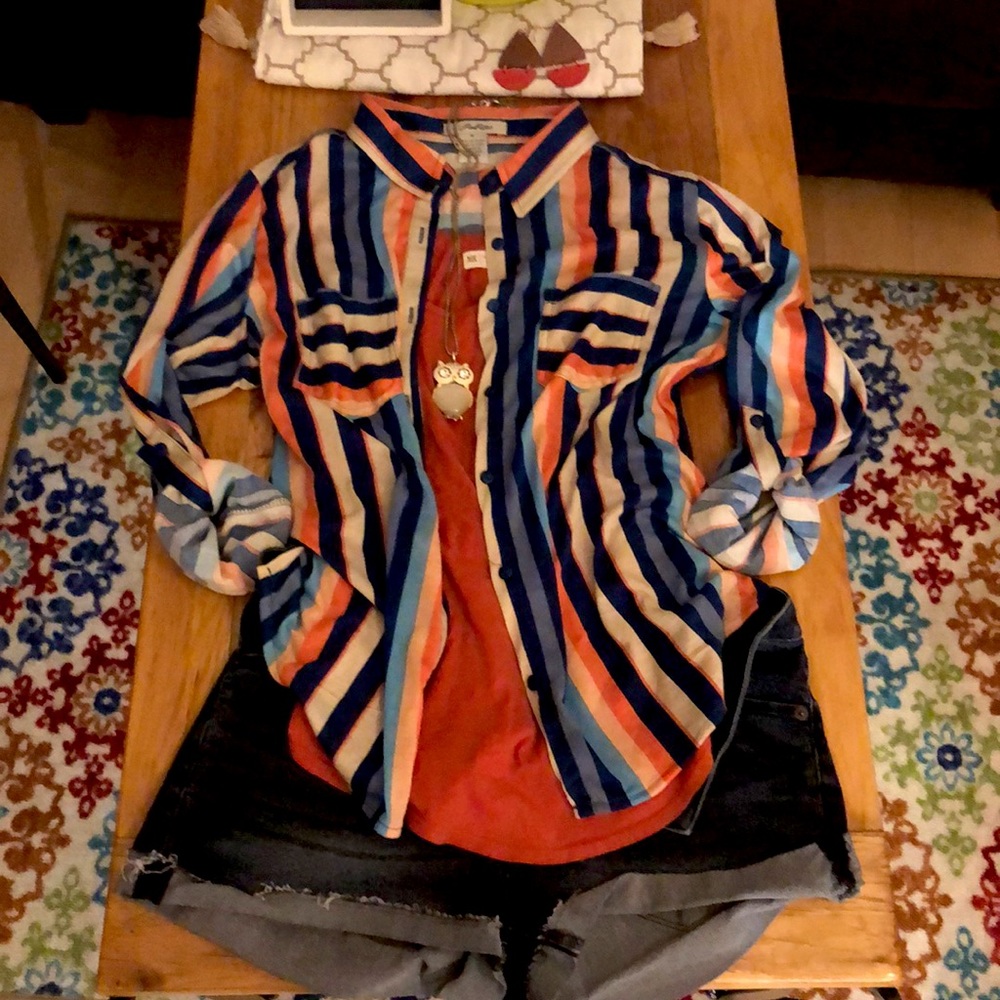 Long sleeve, button up top, fun stripes & pockets